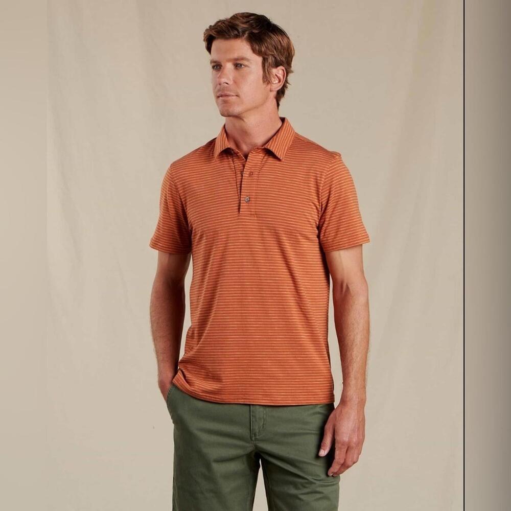 NWD Toad&Co Size M Rust Stripe Tempo Short Sleeve Eco Friendly Organic Polo‎